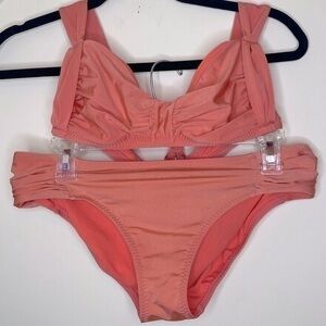 Athleta Neon Coral Peach Bikini Hipster Rouched bottoms Strappy adjustable top